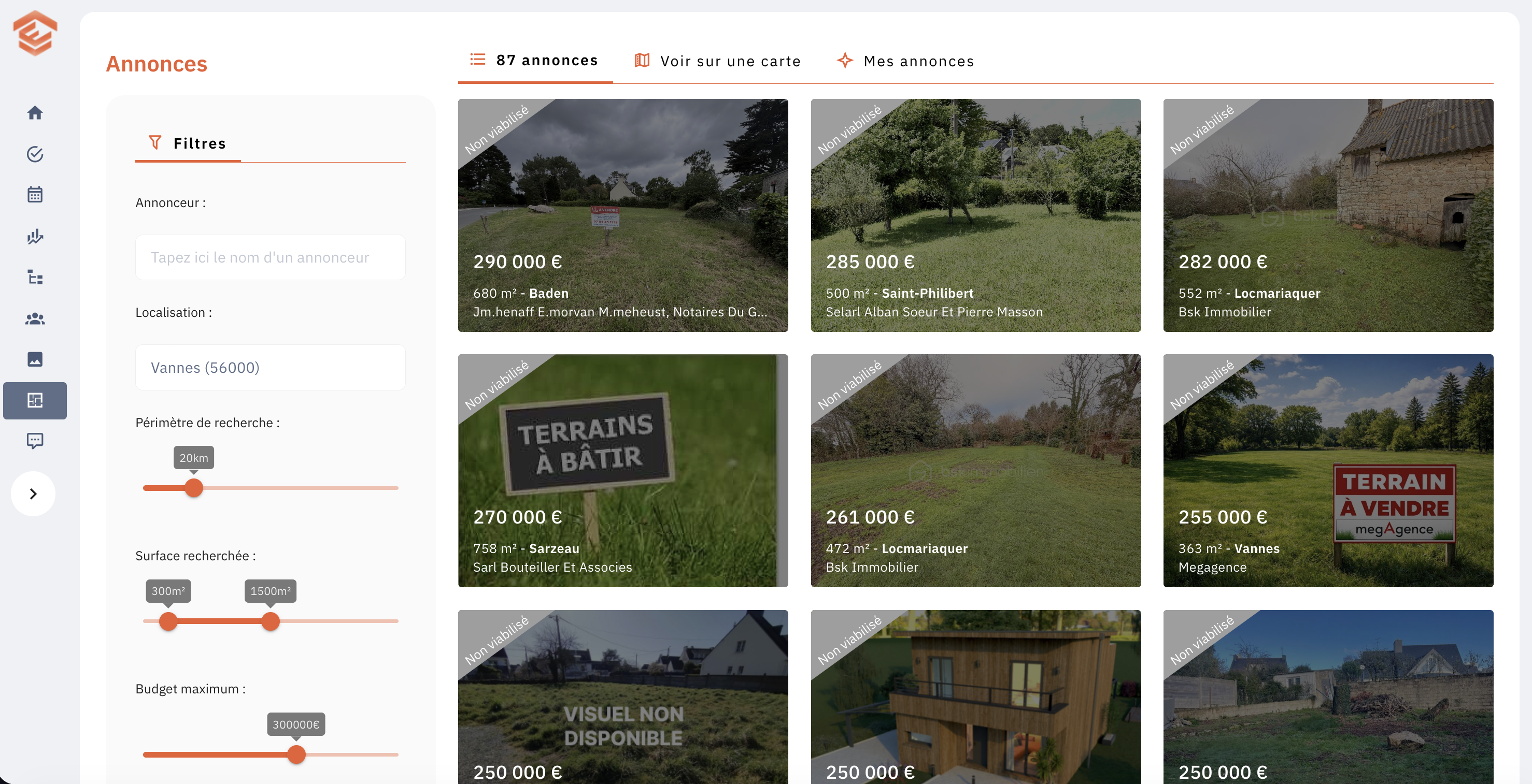 Module Annonces Elizz : recherche de terrains à bâtir avec filtres localisation, surface et budget