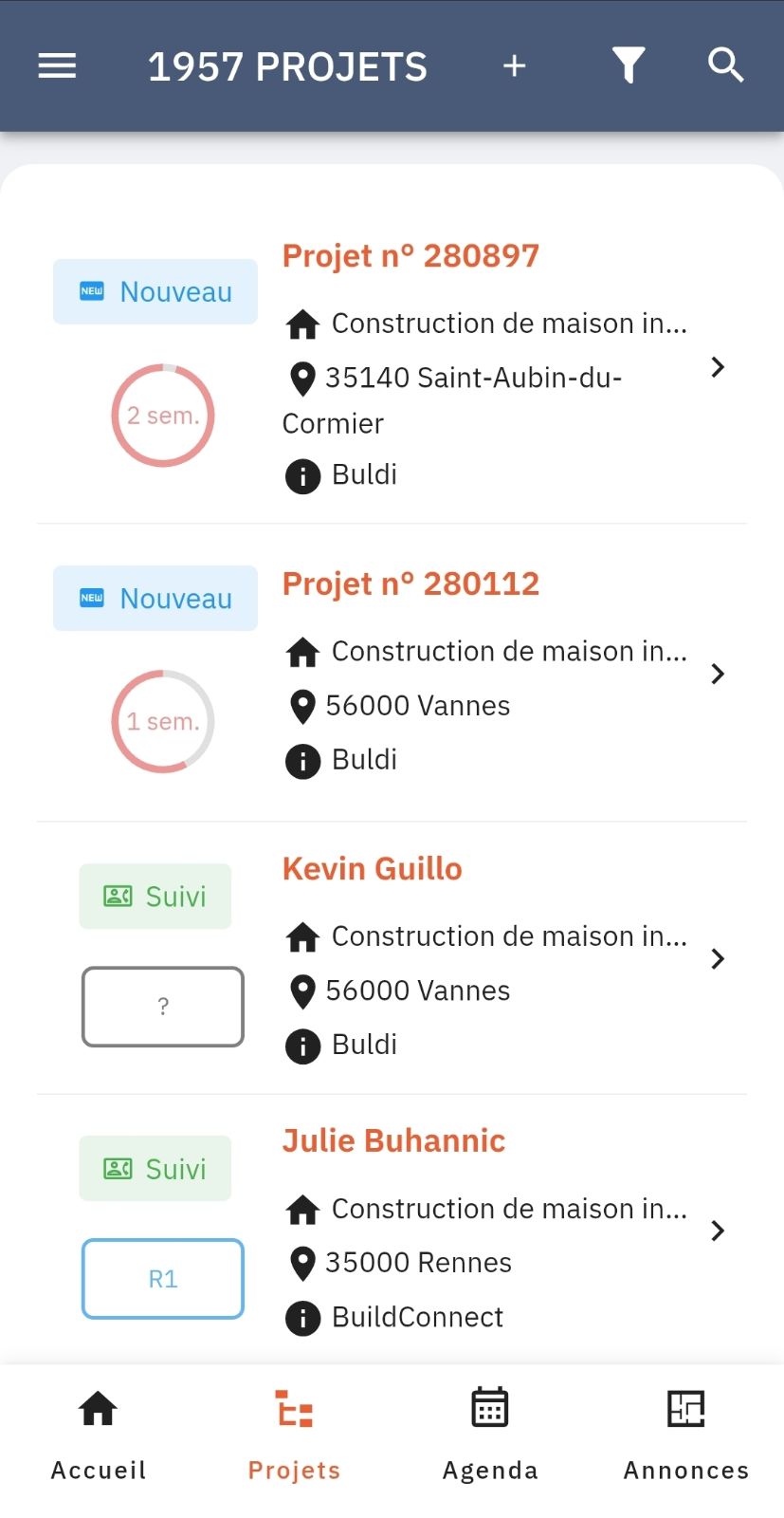 Application mobile Elizz : liste des projets reçus avec statut, localisation et provenance