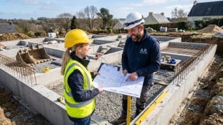 Maître d'œuvre souriant sur un chantier de maison, plans à la main